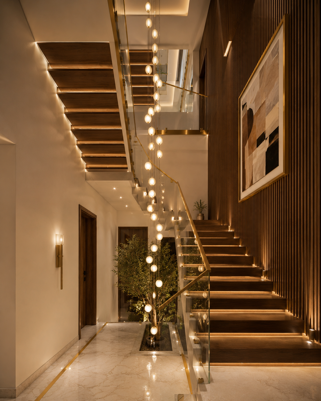 Stairwell & foyer — Double-height entry with feature lighting, Velora II interior